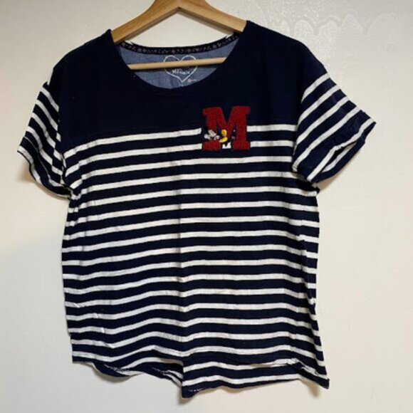 Disney Mickey & Minnie Women's Navy Blue White Striped T-Shirt Size Large - Picture 2 of 5